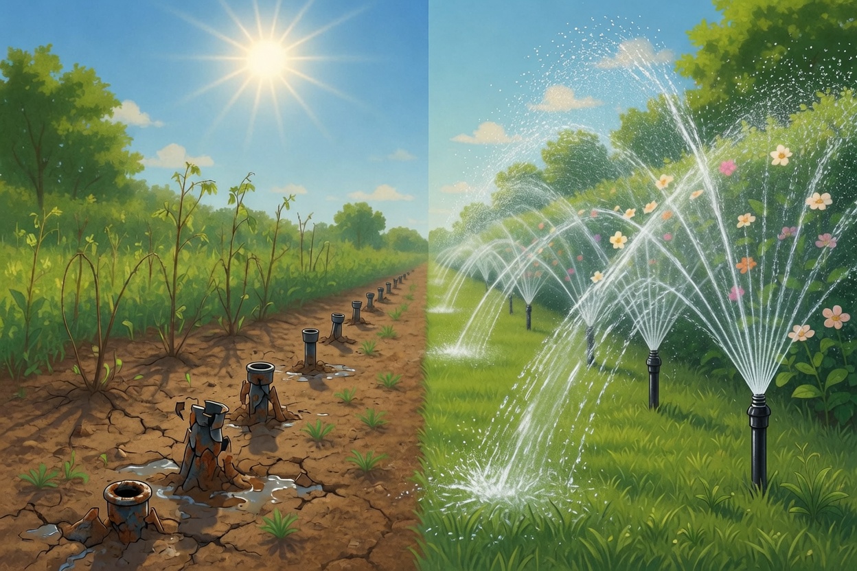 Before and after: neglected dry cracked garden vs thriving lush maintained garden with proper irrigation and flowers